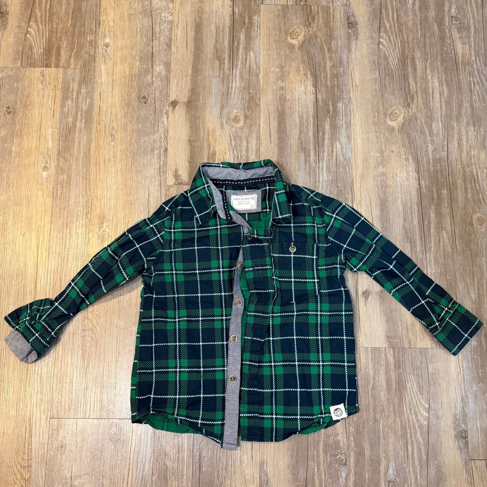 Free Planet Boys Green Navy Blue Plaid Button Down Shirt Size 3T Cotton‎ Long